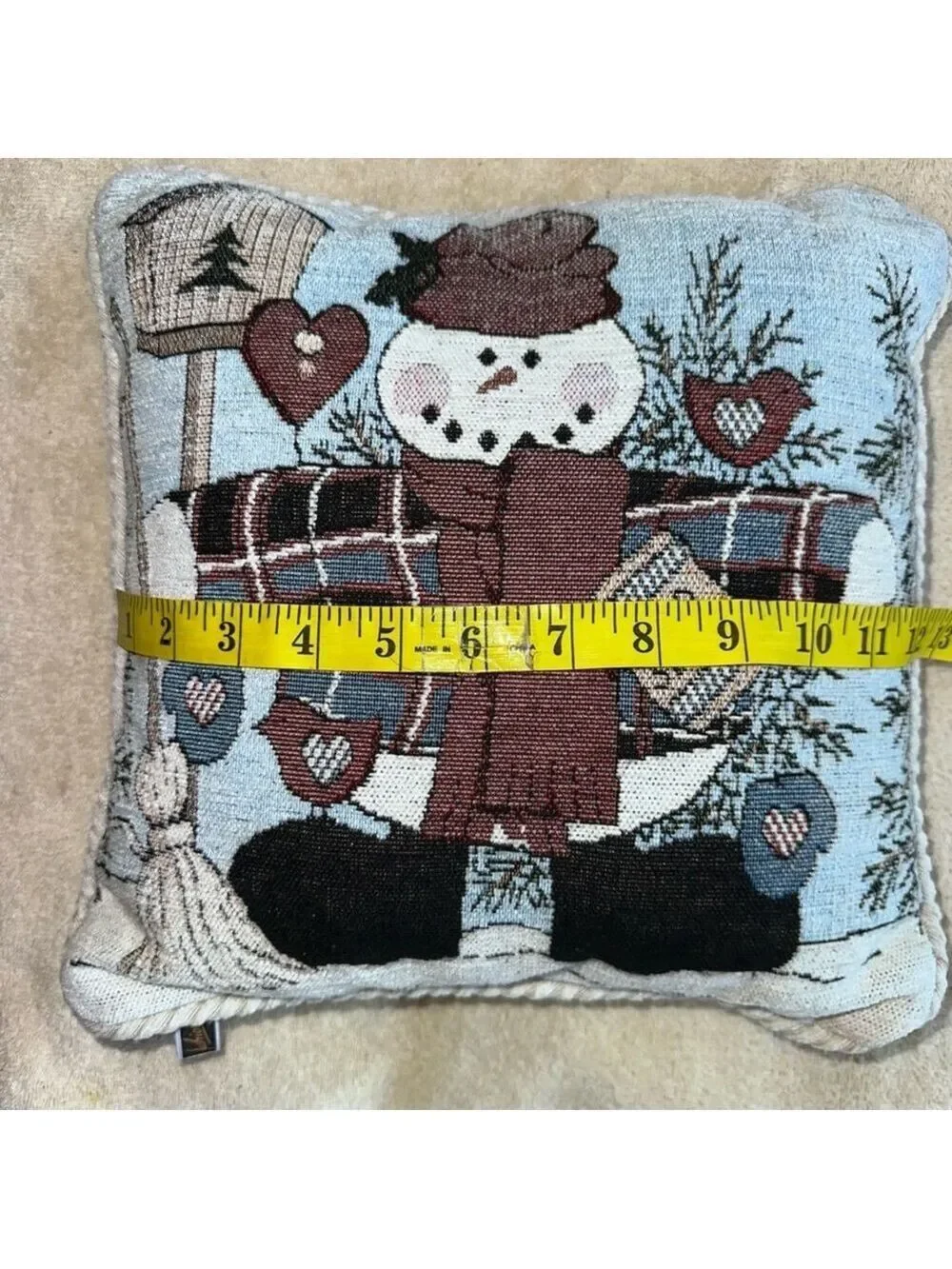 Vintage Fashion Brand Tapestey Winter Snowman Scene 12” Throw Pillow